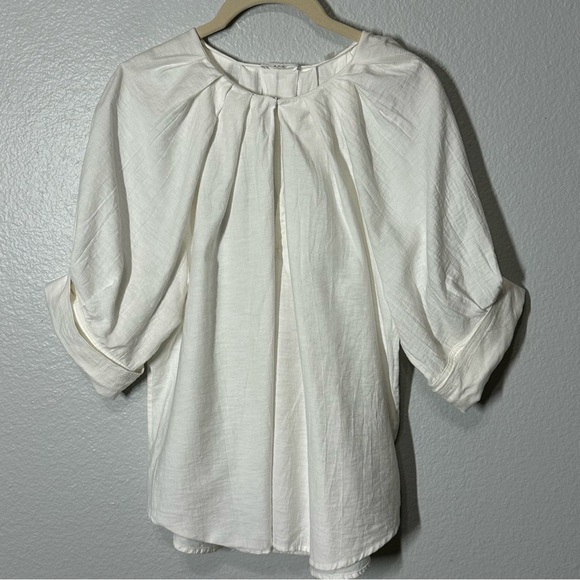 A.L.C. Carey Top Women's 12 White Cotton Linen Pleated Short Sleeve Blouse Shirt - Picture 2 of 7